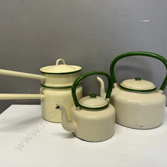 Vinage Enamel Ware Cream/Green Detail Including Large Tea Pot, Small Tea Pot & Double Boiler Pot