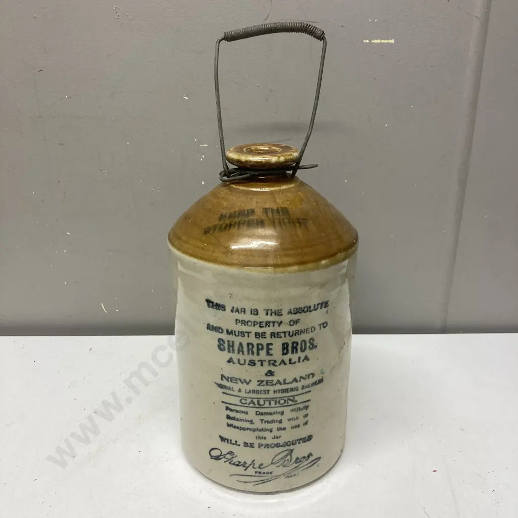 Early Sharpe Bros Bendigo Pottery Stoneware Demijohn With Metal Handle (No Stopper). 32 x 18cm Image 1++
