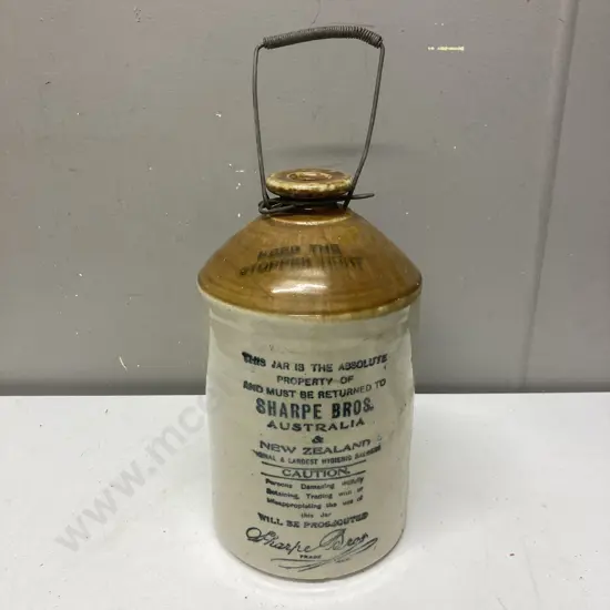 Early Sharpe Bros Bendigo Pottery Stoneware Demijohn With Metal Handle (No Stopper). 32 x 18cm