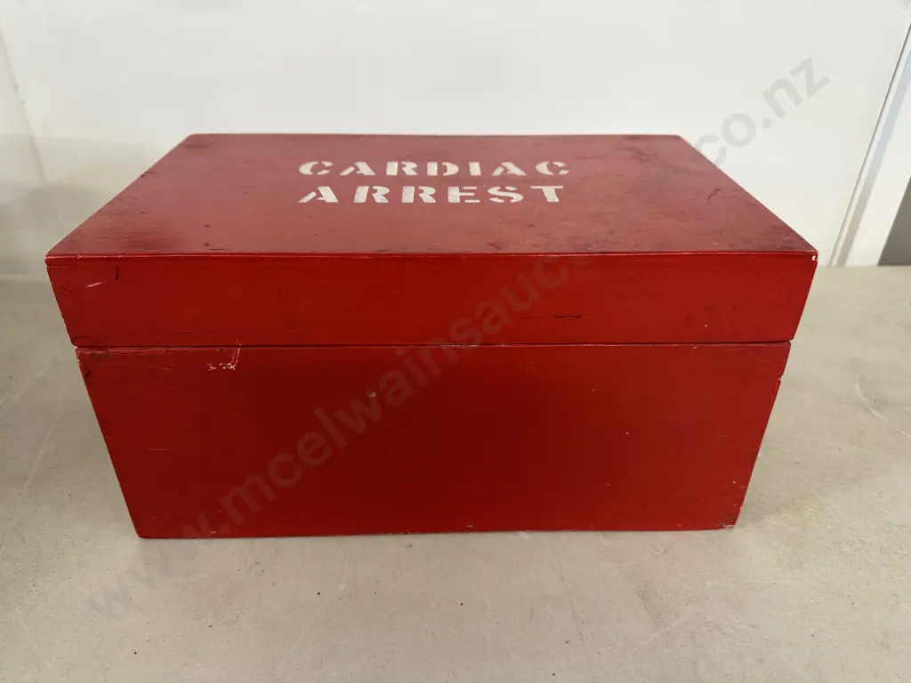 Vintage Red 'Cardiac Arrest' Red Wooden Box H18,W34,D21cm. Image 1++