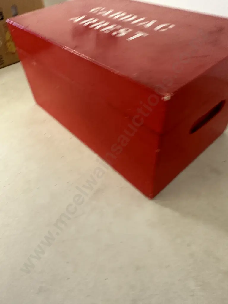 Vintage Red 'Cardiac Arrest' Red Wooden Box H18,W34,D21cm. Image 1++