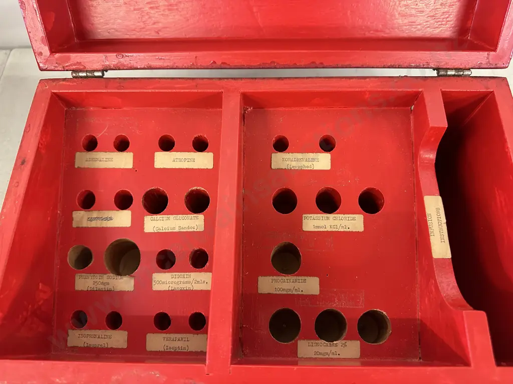 Vintage Red 'Cardiac Arrest' Red Wooden Box H18,W34,D21cm. Image 1++