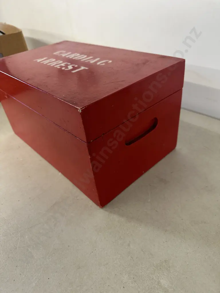 Vintage Red 'Cardiac Arrest' Red Wooden Box H18,W34,D21cm. Image 1++