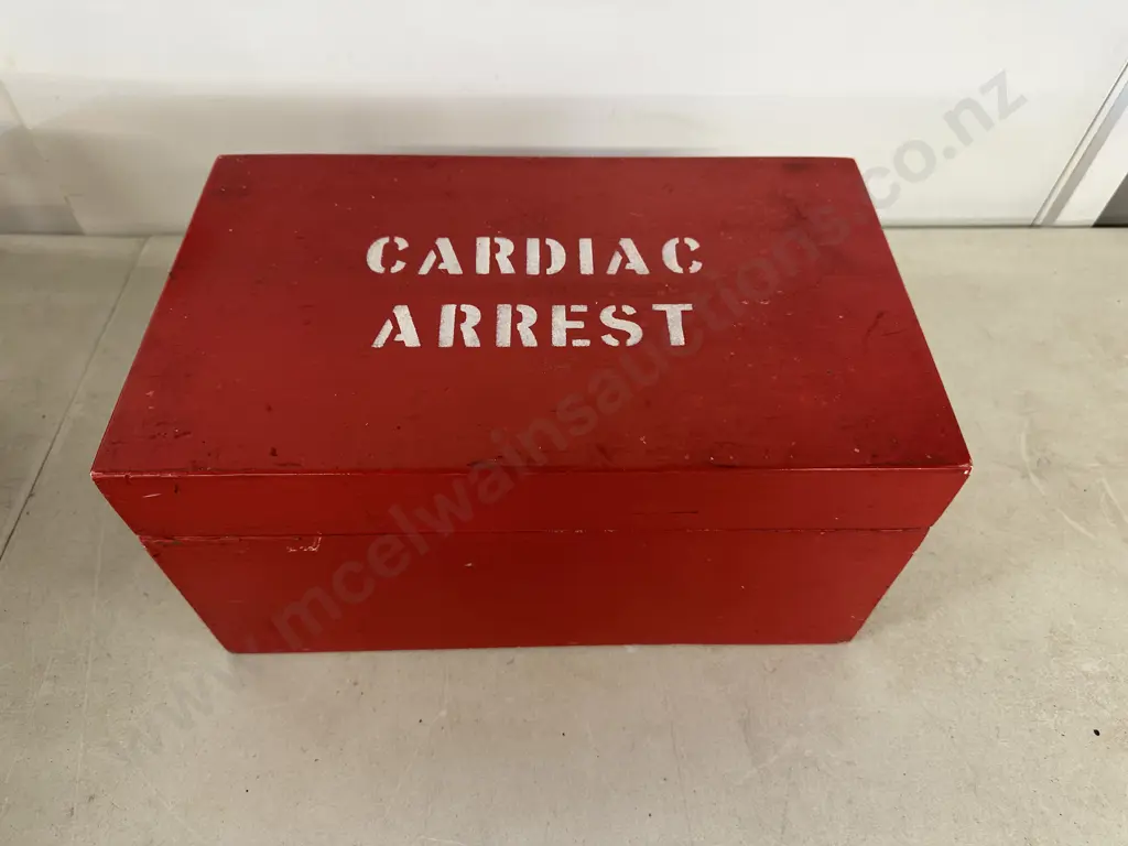 Vintage Red 'Cardiac Arrest' Red Wooden Box H18,W34,D21cm. Image 1++