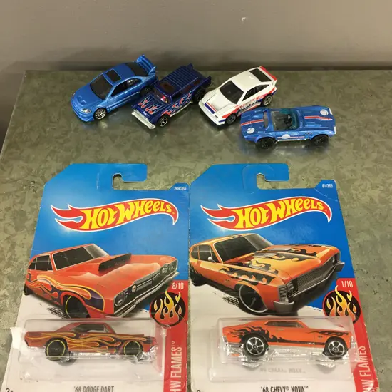 Hotwheels1969 Chevy Nomad Wagon, Flames '68 Dodge Dart & '68 Chevy Nova (Treasure Hunt) & 3 Loose Models