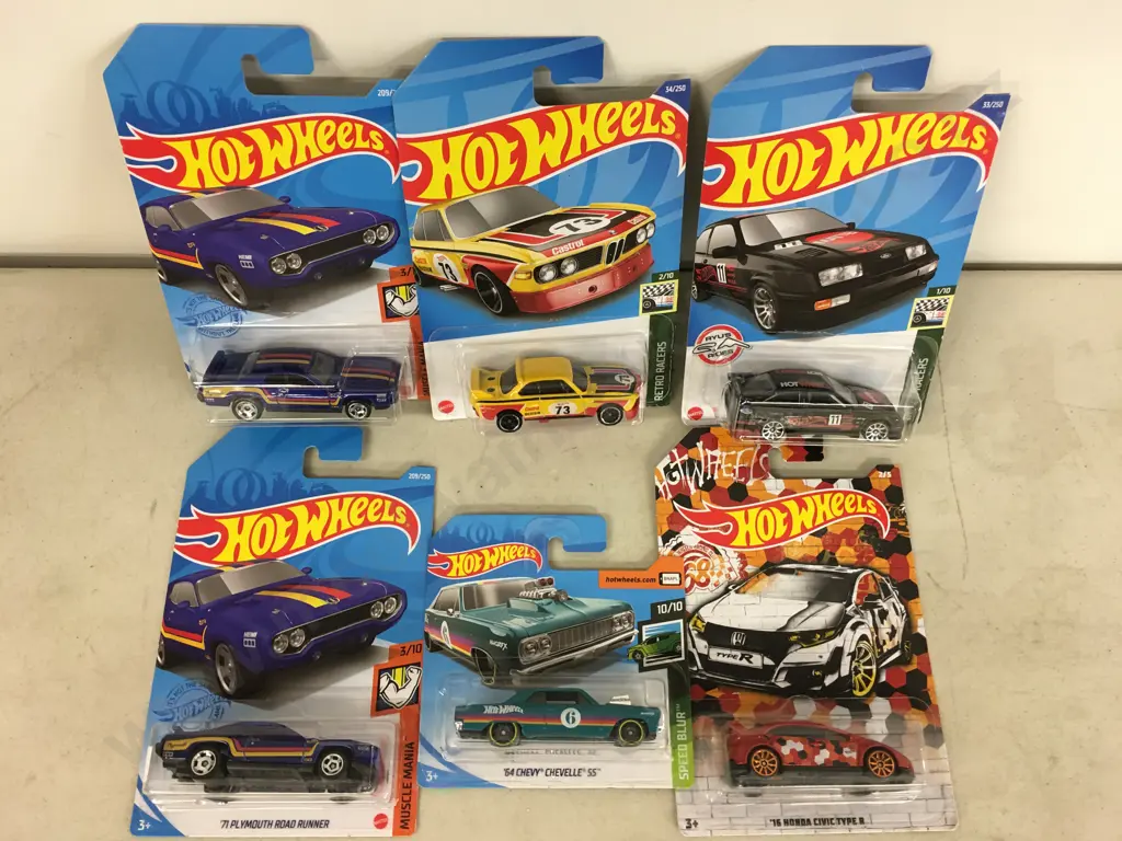 Hot Wheels x 6 - '16 Honda Civic TypeR, Chevy Chevelle SS Etc Image 1++