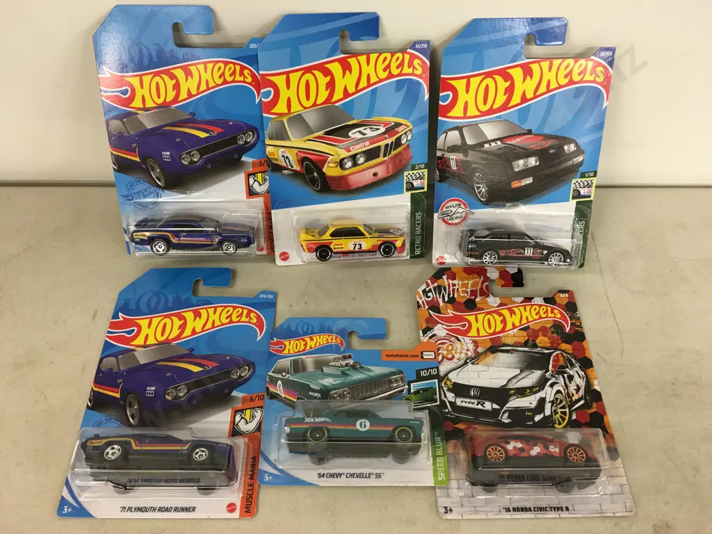 Hot Wheels x 6 - '16 Honda Civic TypeR, Chevy Chevelle SS Etc Image 1++