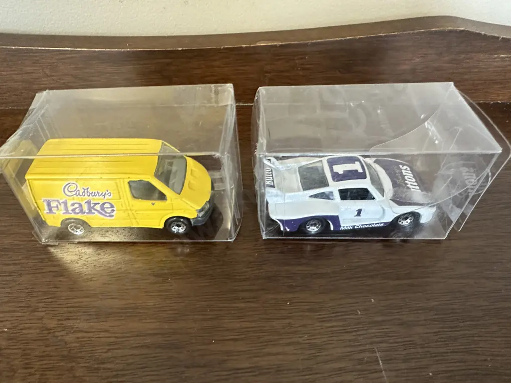 Rare Matchbox Cadbury Buttons-Racing Porsche 935-White MB41 & Ford Transit Cadbury Flake MB60 Image 1++