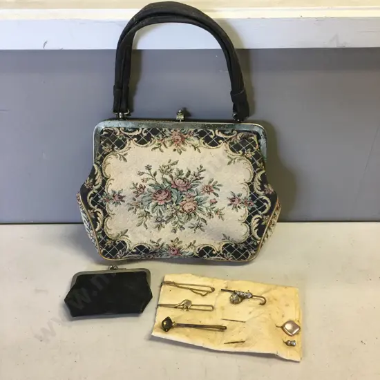 Vintage Tapestry Handbag, Black Purse, Hat & Scarf Pins.