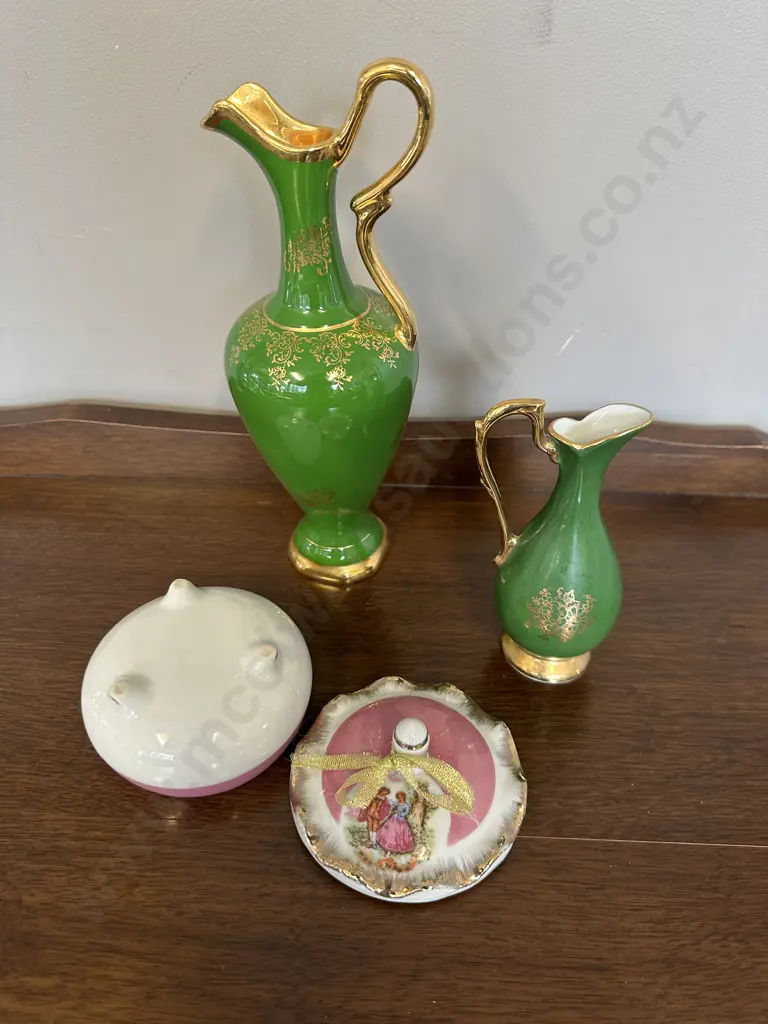 Green Gilt Limoge Items & Pink Lidded Dish Image 1++