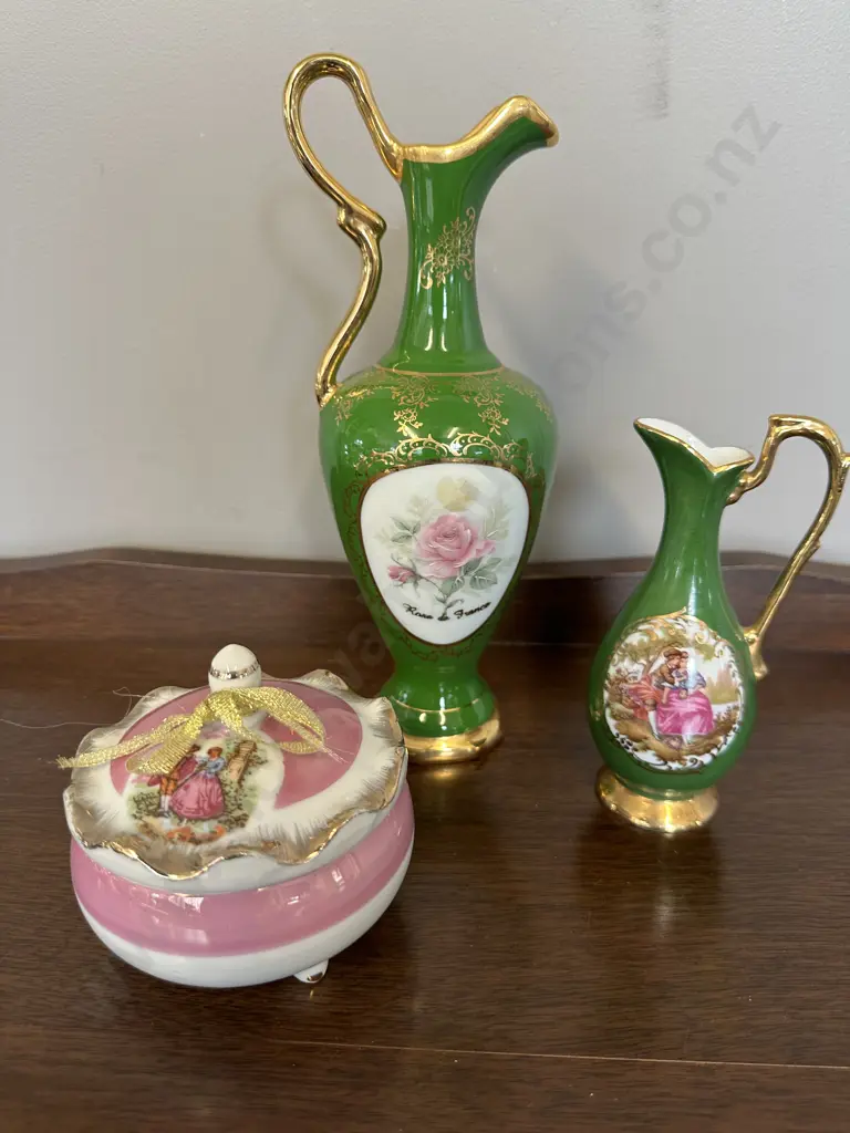 Green Gilt Limoge Items & Pink Lidded Dish Image 1++