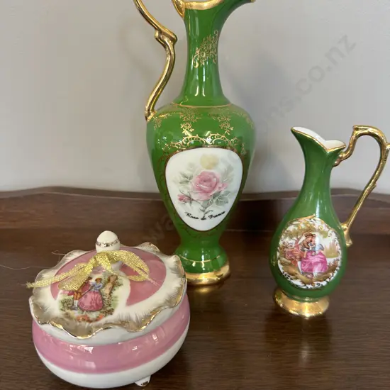 Green Gilt Limoge Items & Pink Lidded Dish
