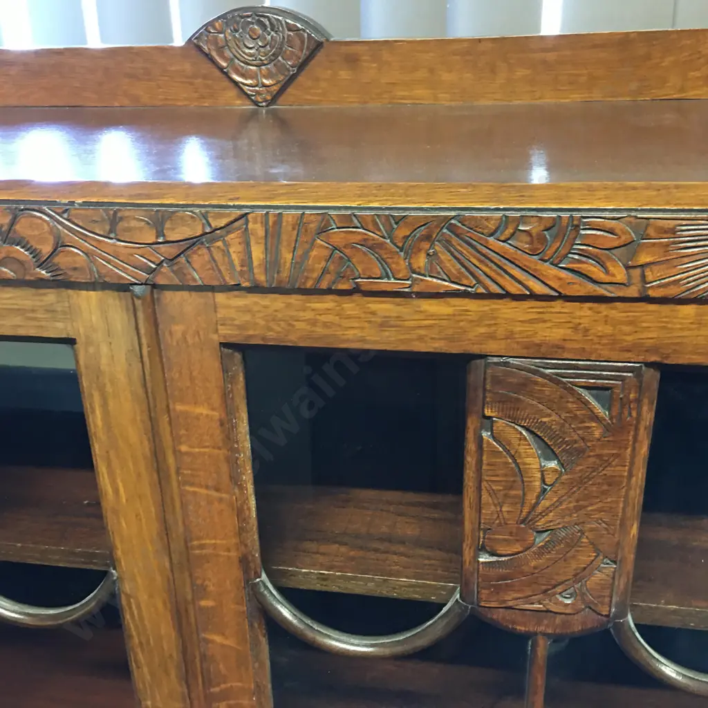 Art Deco Oak China Cabinet With Key Carved Detail H127,W87,D32cm.  Image 1++