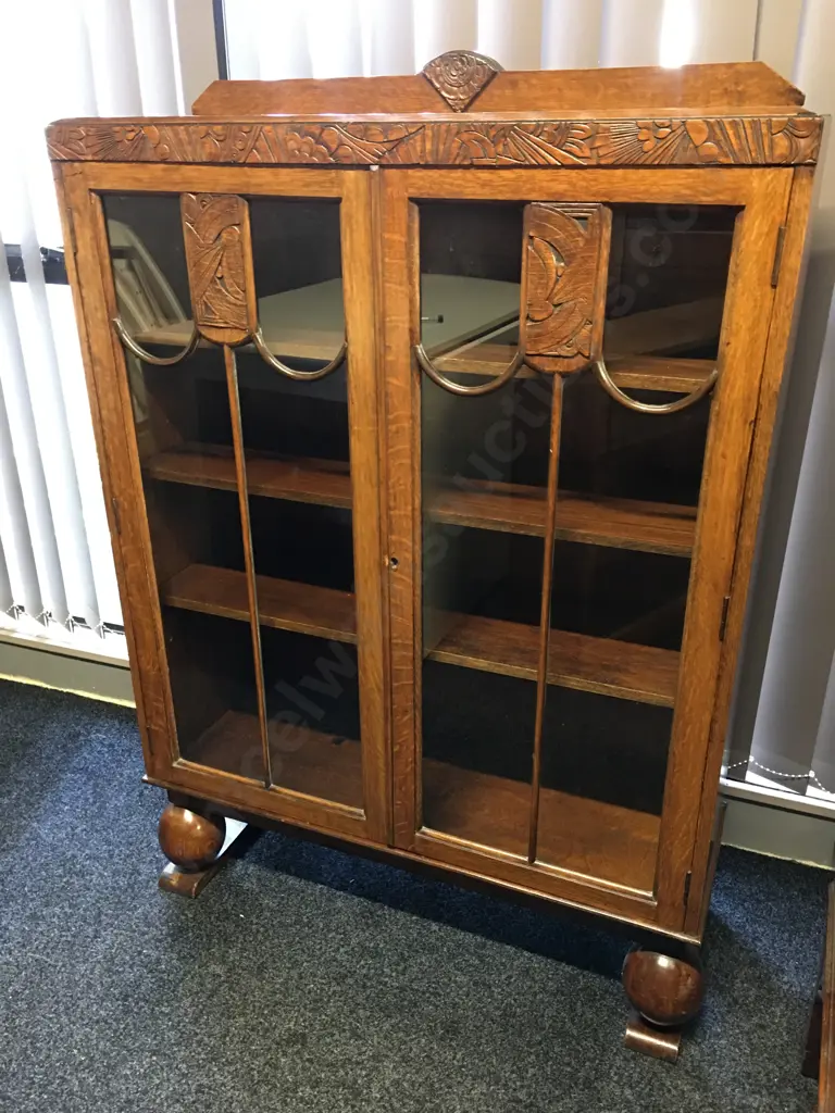 Art Deco Oak China Cabinet With Key Carved Detail H127,W87,D32cm.  Image 1++