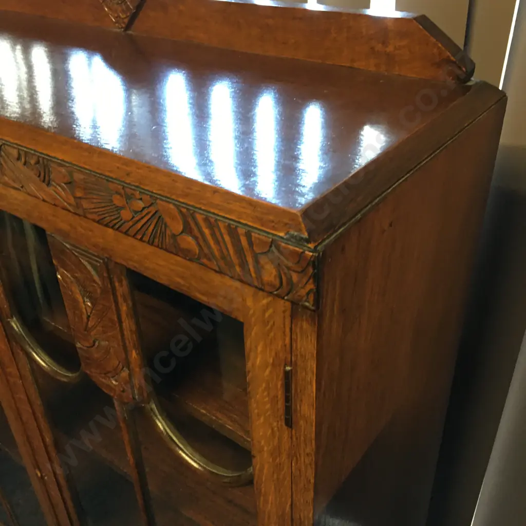 Art Deco Oak China Cabinet With Key Carved Detail H127,W87,D32cm.  Image 1++