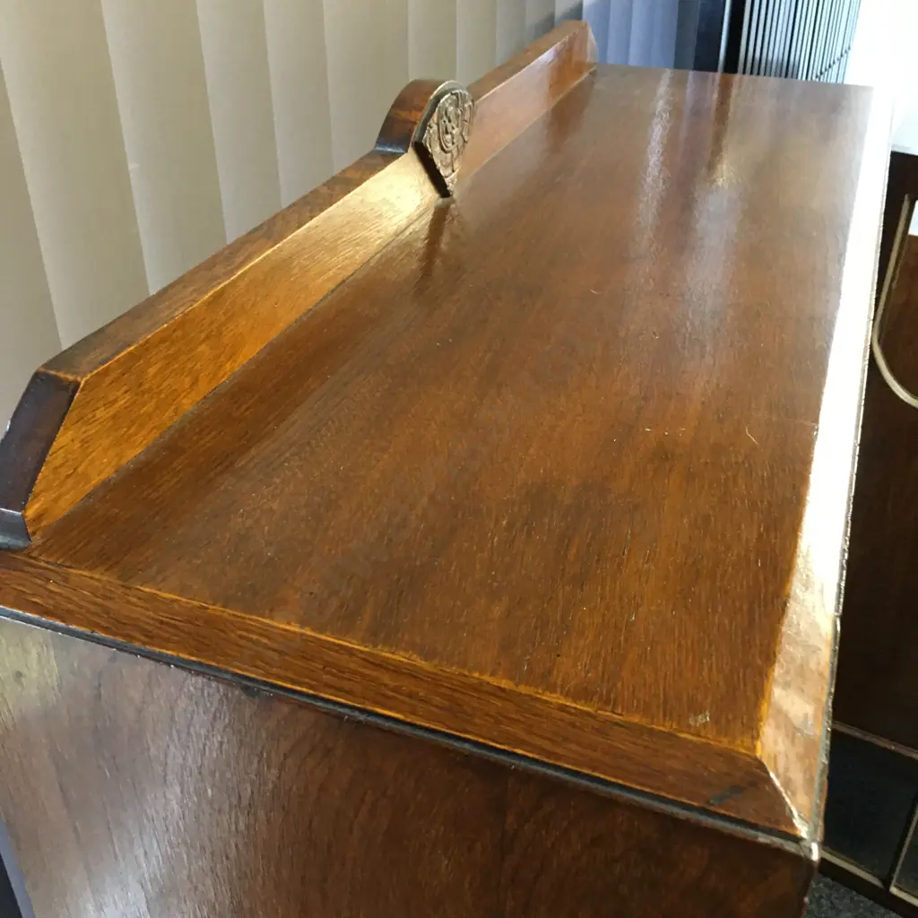Art Deco Oak China Cabinet With Key Carved Detail H127,W87,D32cm.  Image 1++