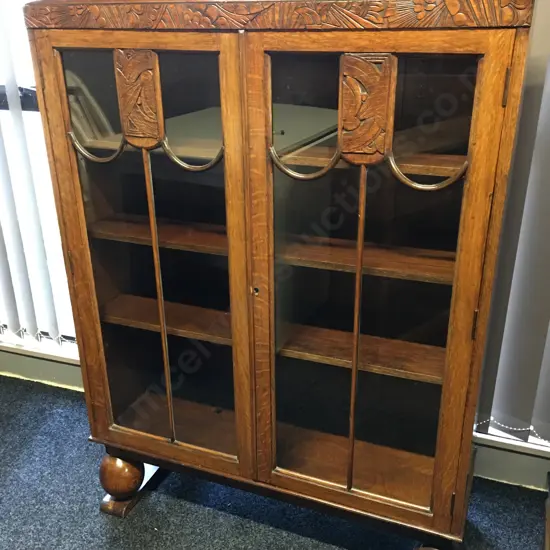 Art Deco Oak China Cabinet With Key Carved Detail H127,W87,D32cm. 