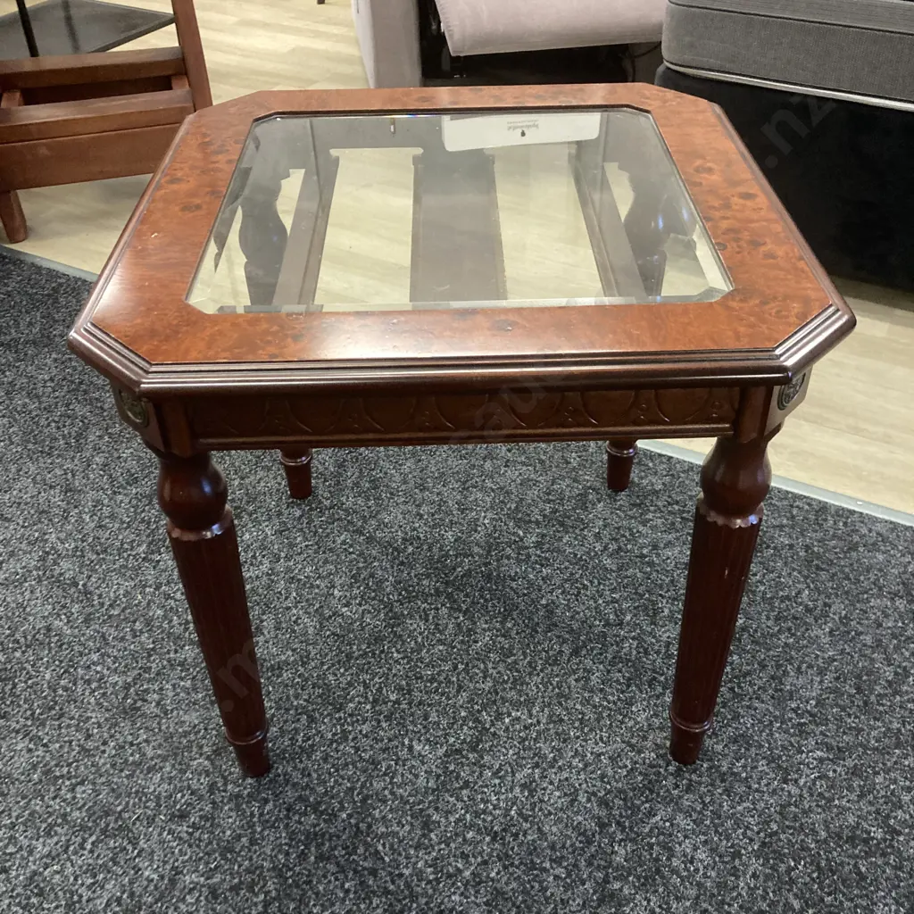 Burr Walnut Veneer Side Table With Glass Inlaid Top, Brass Floral Detailing. 52 x 56cm Image 1++