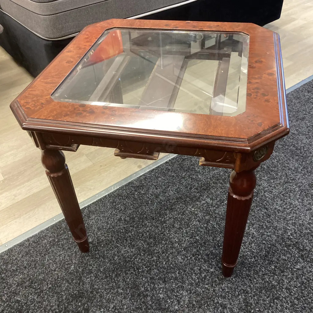 Burr Walnut Veneer Side Table With Glass Inlaid Top, Brass Floral Detailing. 52 x 56cm Image 1++