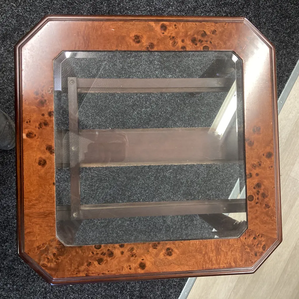 Burr Walnut Veneer Side Table With Glass Inlaid Top, Brass Floral Detailing. 52 x 56cm Image 1++