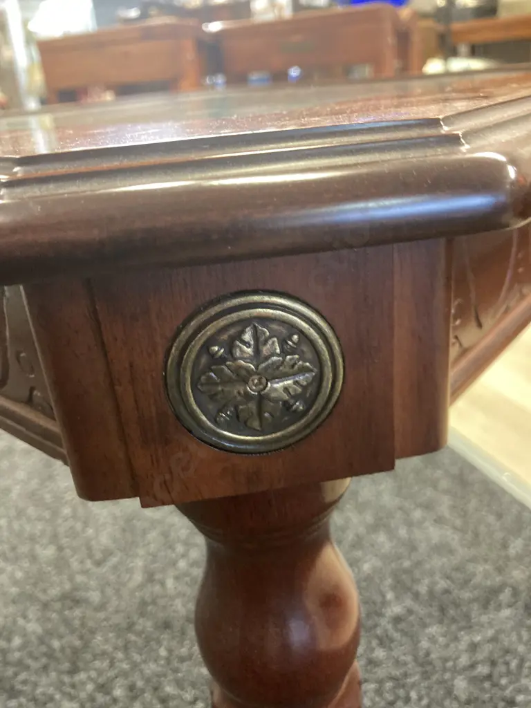 Burr Walnut Veneer Side Table With Glass Inlaid Top, Brass Floral Detailing. 52 x 56cm Image 1++