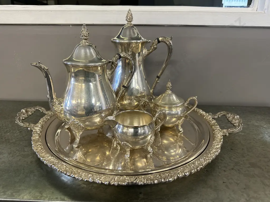Silverware Teapot, Coffee Pot, Jug & Sugar Bowl With Serving Trays Image 1++