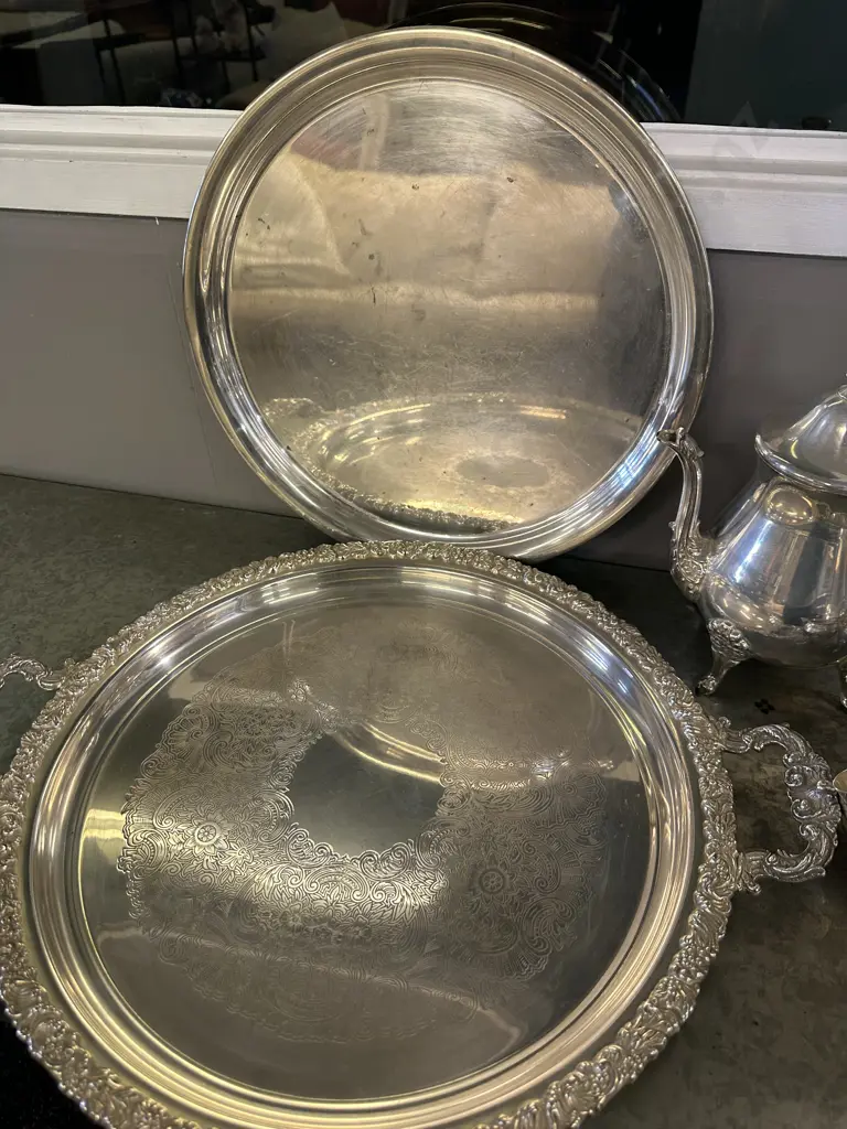 Silverware Teapot, Coffee Pot, Jug & Sugar Bowl With Serving Trays Image 1++