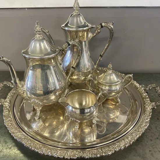 Silverware Teapot, Coffee Pot, Jug & Sugar Bowl With Serving Trays
