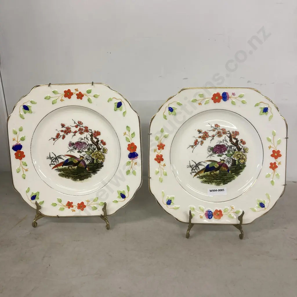 Pair of Rare Antique Wedgwood & Co Queen's Ivory Pheasant Victorian Salad Plates Image 1++