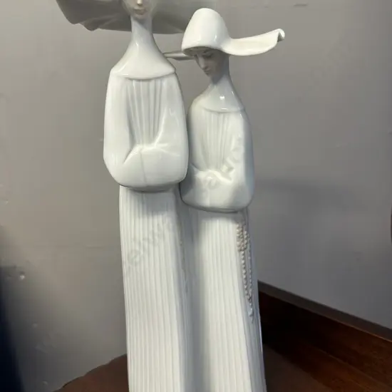 Vintage Retired Lladro Two Nuns White Porcelain Figurine #4611. H34cm