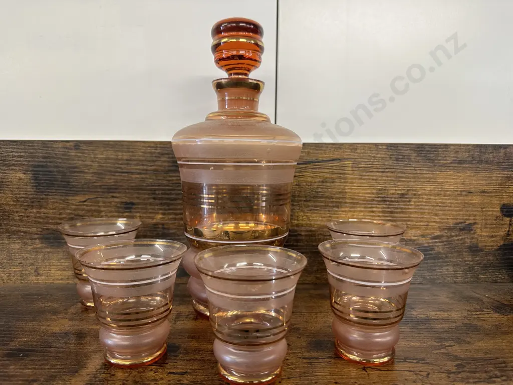 Mid Century Art Deco Pink Frosted Glass Gold Stripe Decanter With 5 Glasses Image 1++