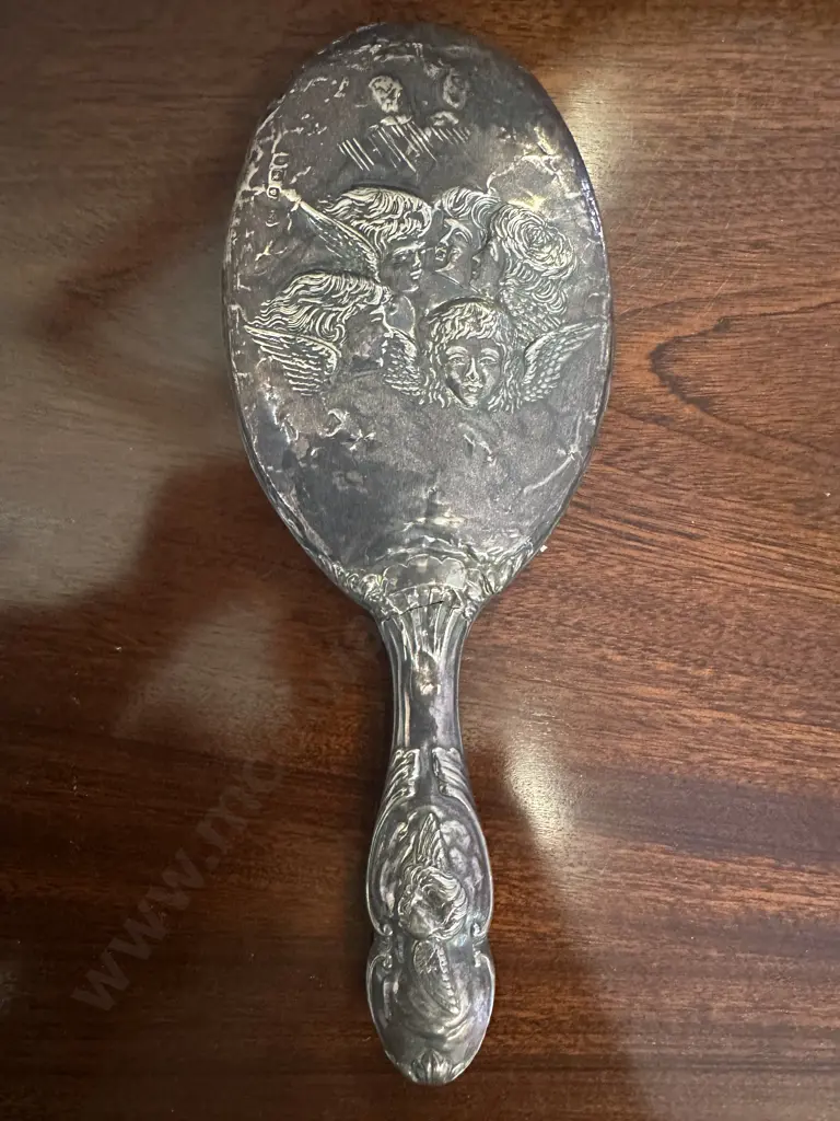 Antique English Sterling Silver Hand Mirror With Reynolds Angels / Cherubs Decoration, Hallmarked Birmingham 1905 Image 1++
