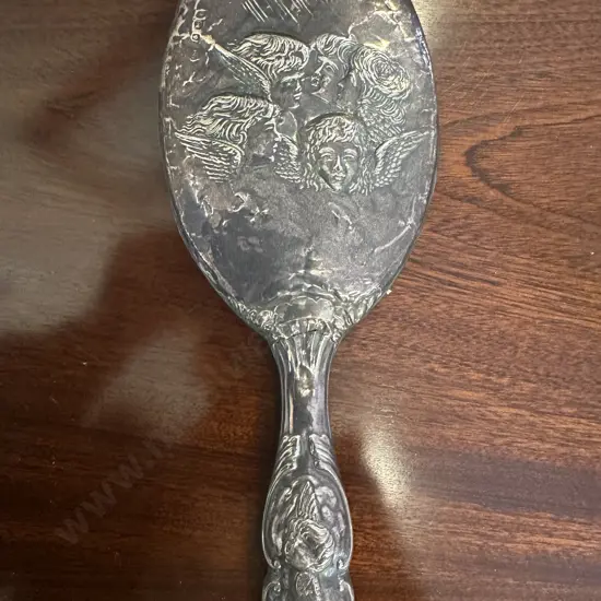 Antique English Sterling Silver Hand Mirror With Reynolds Angels / Cherubs Decoration, Hallmarked Birmingham 1905