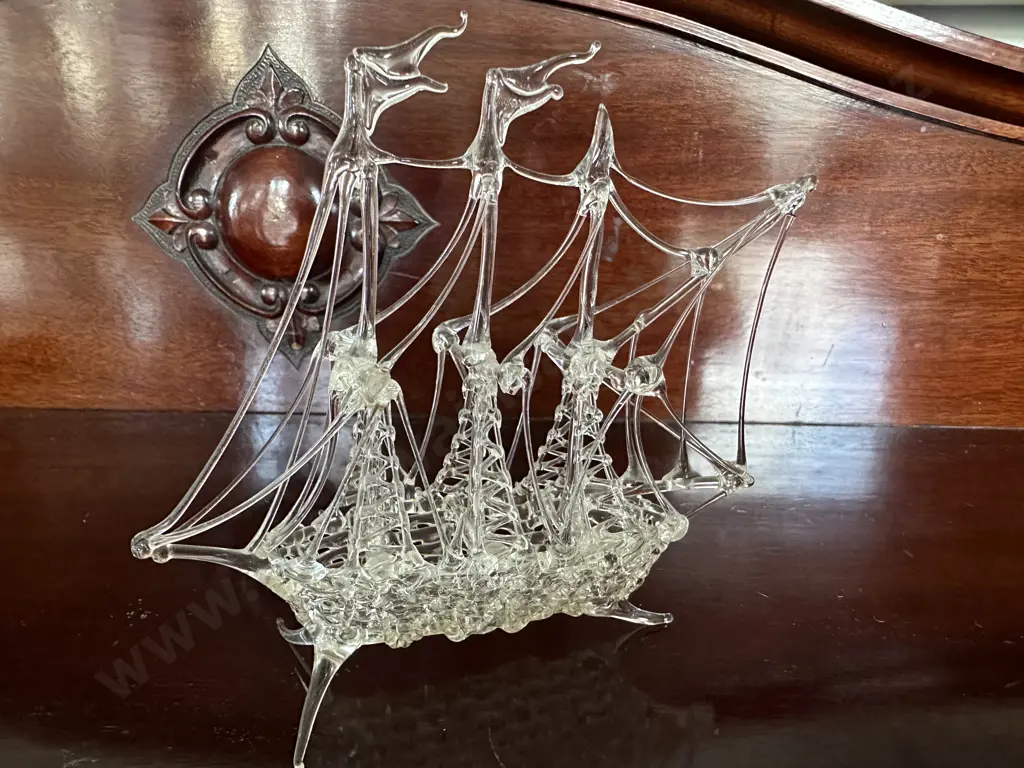 Vintage Hand Blown Glass Sailing Ship Image 1++
