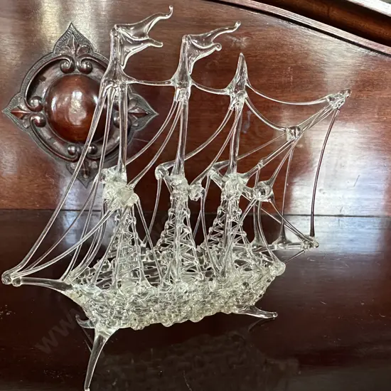Vintage Hand Blown Glass Sailing Ship
