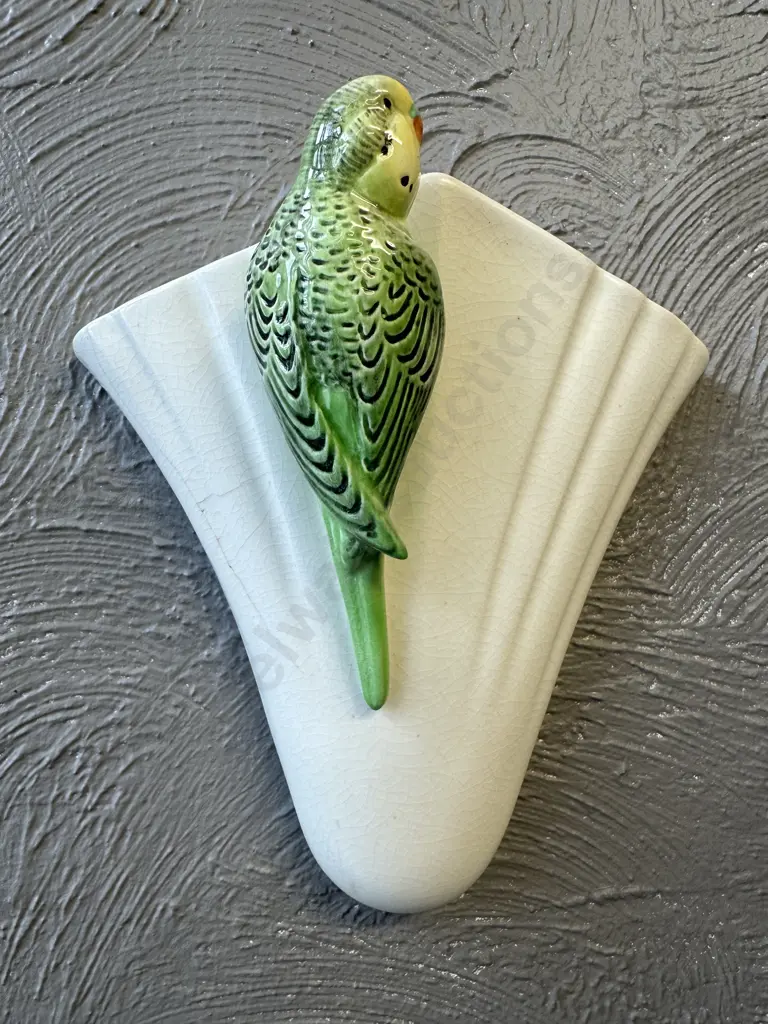 Art Deco Green Budgerigar Wall Pocket Vase Stamped Sylvac 1956. 23 x 20cm (Crack to Left Side) Image 1++