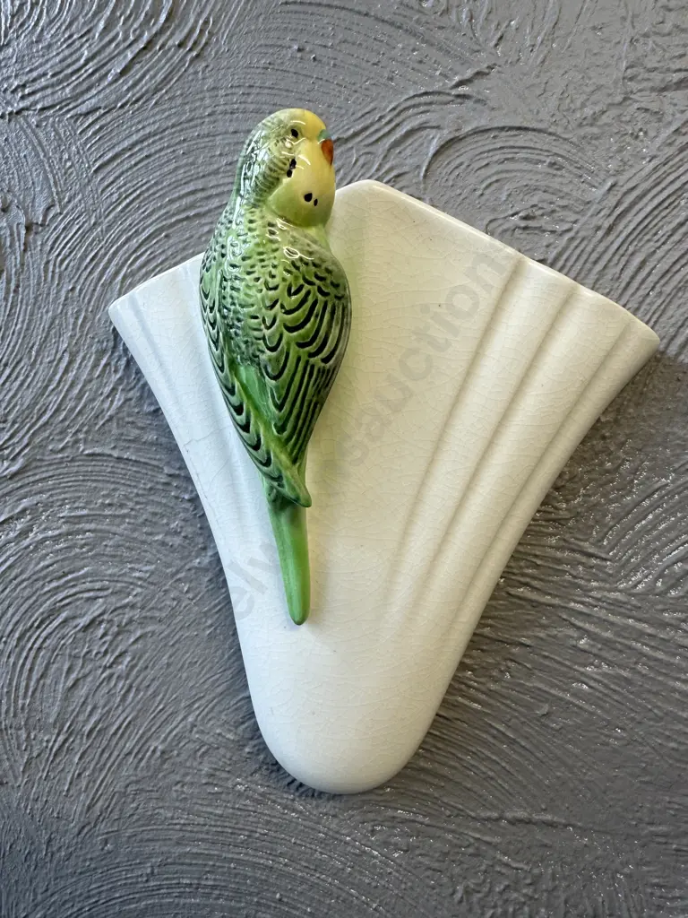 Art Deco Green Budgerigar Wall Pocket Vase Stamped Sylvac 1956. 23 x 20cm (Crack to Left Side) Image 1++