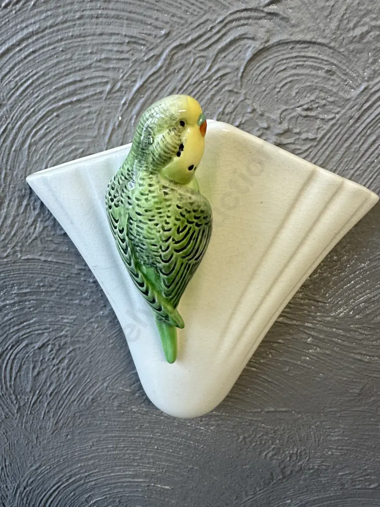 Art Deco Green Budgerigar Wall Pocket Vase Stamped Sylvac 1956. 23 x 20cm (Crack to Left Side) Image 1++