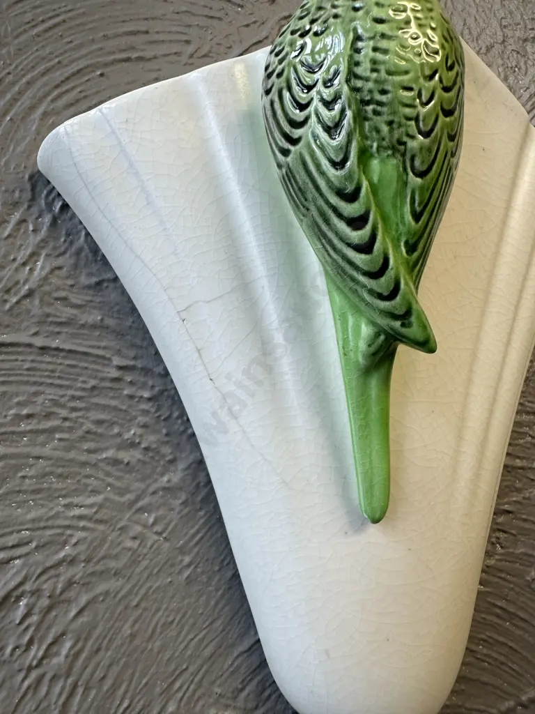 Art Deco Green Budgerigar Wall Pocket Vase Stamped Sylvac 1956. 23 x 20cm (Crack to Left Side) Image 1++