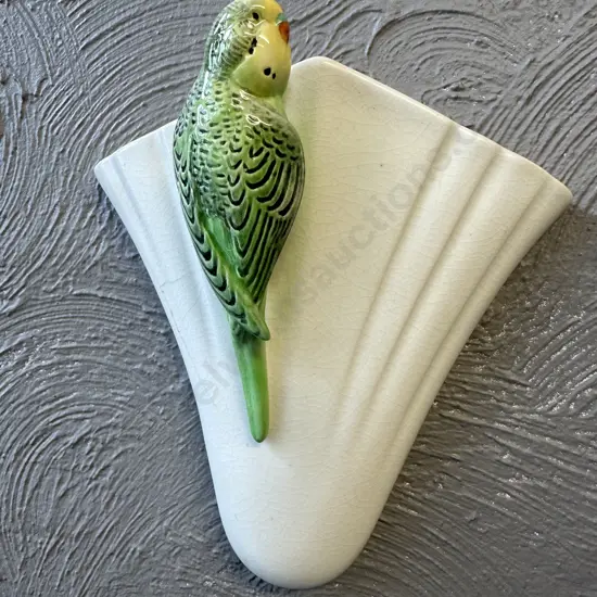 Art Deco Green Budgerigar Wall Pocket Vase Stamped Sylvac 1956. 23 x 20cm (Crack to Left Side)