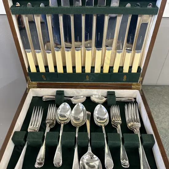 Oak & Marquetry Canteen Of Cutlery With Key 