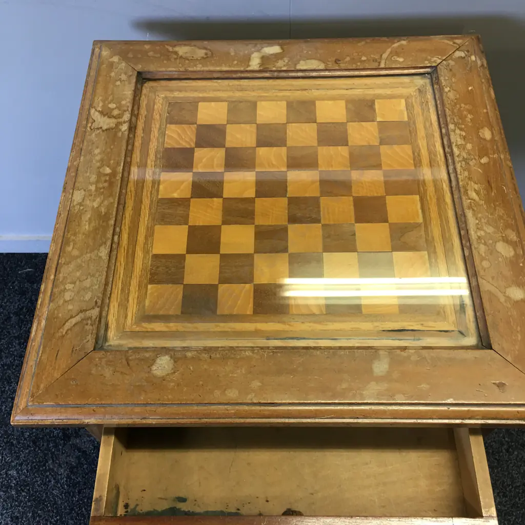 Vintage Hand Crafted Chess Board Table, Glass Top With Single Drawer H67,53x53cm. Image 1++