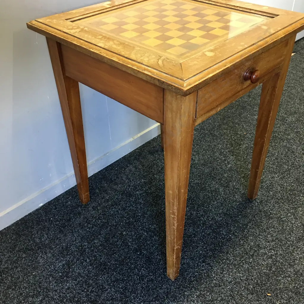 Vintage Hand Crafted Chess Board Table, Glass Top With Single Drawer H67,53x53cm. Image 1++