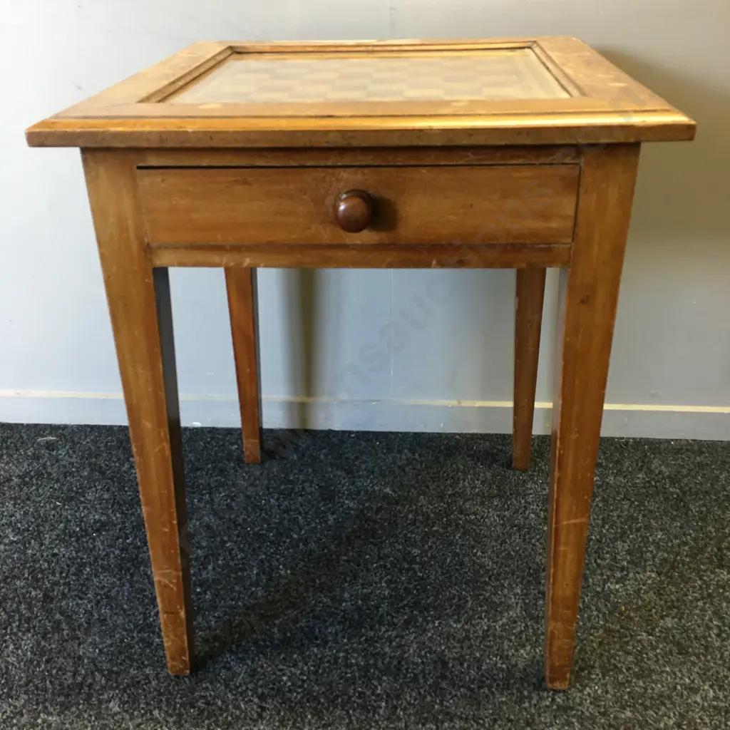 Vintage Hand Crafted Chess Board Table, Glass Top With Single Drawer H67,53x53cm. Image 1++