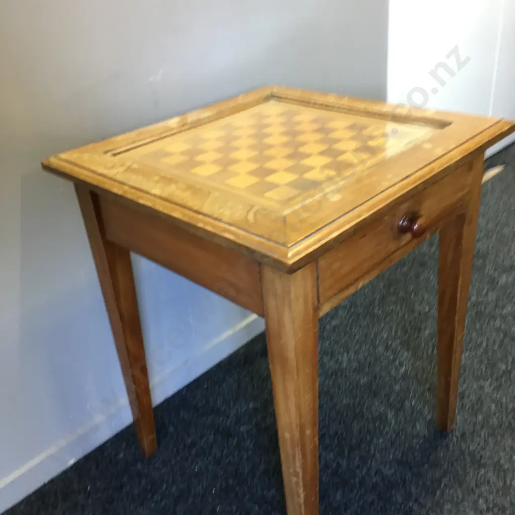Vintage Hand Crafted Chess Board Table, Glass Top With Single Drawer H67,53x53cm. Image 1++