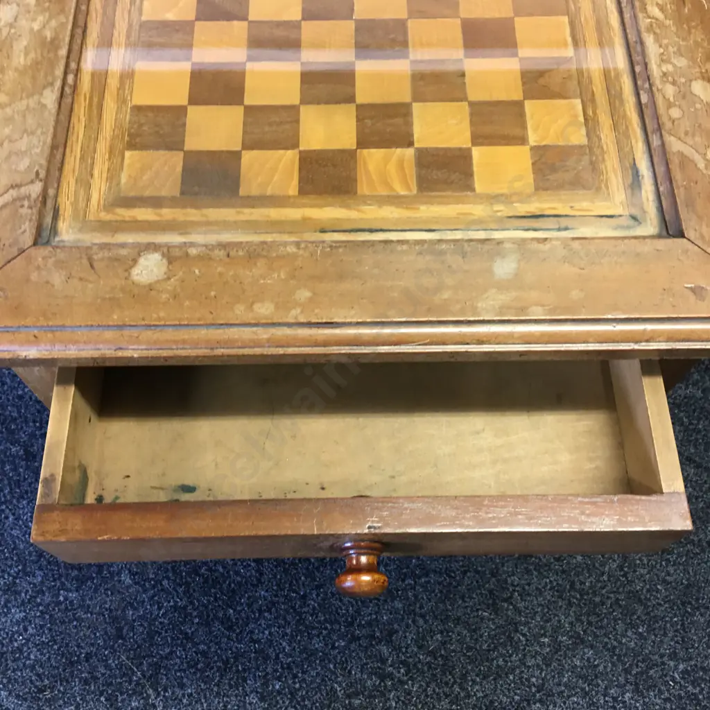 Vintage Hand Crafted Chess Board Table, Glass Top With Single Drawer H67,53x53cm. Image 1++