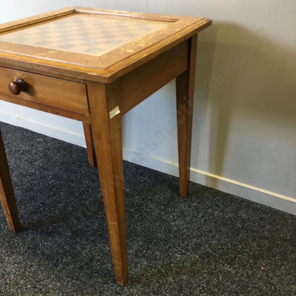Vintage Hand Crafted Chess Board Table, Glass Top With Single Drawer H67,53x53cm. Image 1++