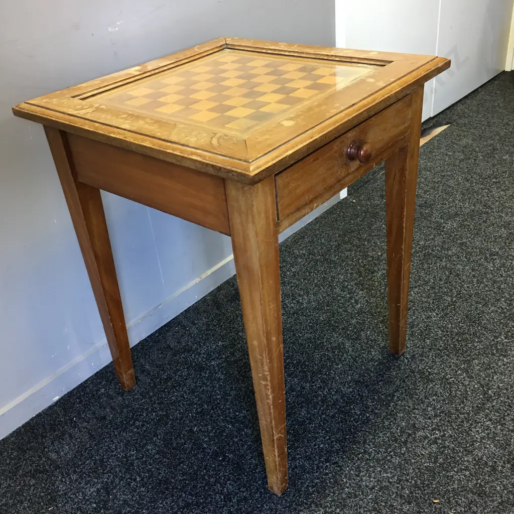 Vintage Hand Crafted Chess Board Table, Glass Top With Single Drawer H67,53x53cm. Image 1++