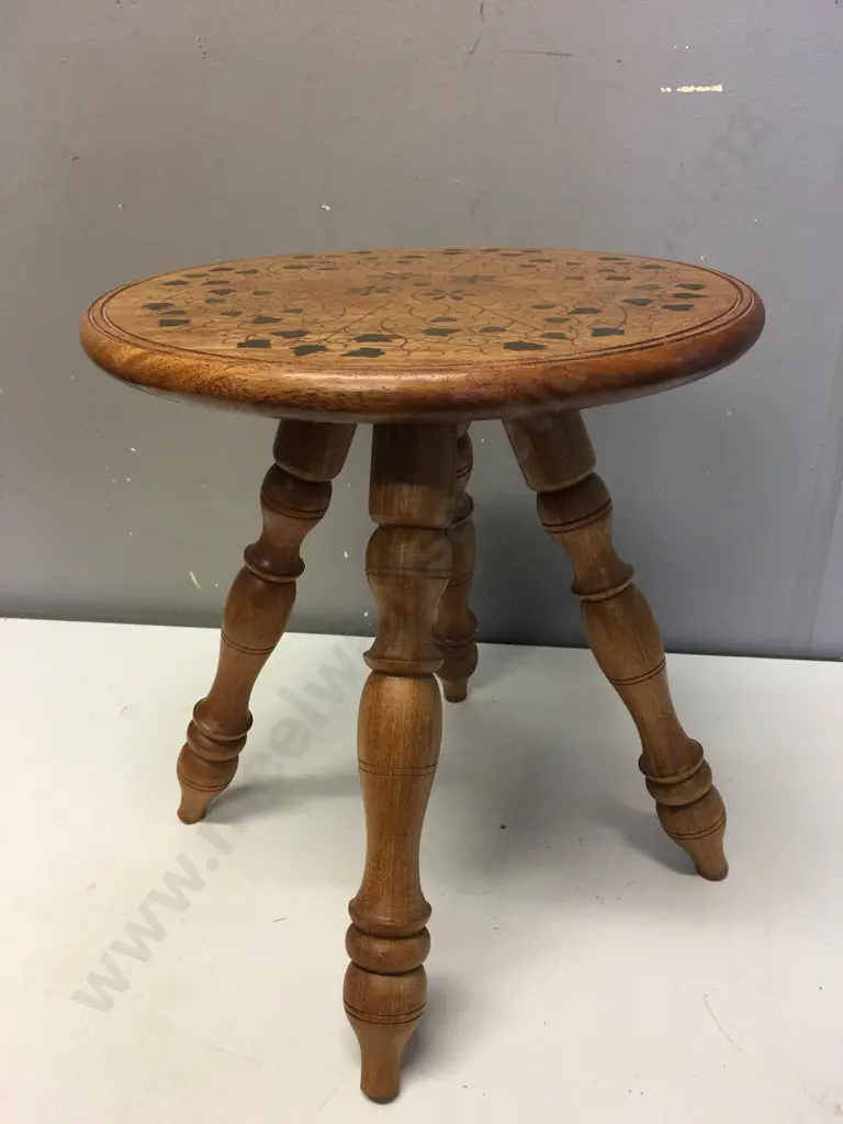 Wooden Round Brass Leaf Inlaid Four Legged Colonial Style Small Table H32,Diam30cm. Image 1++