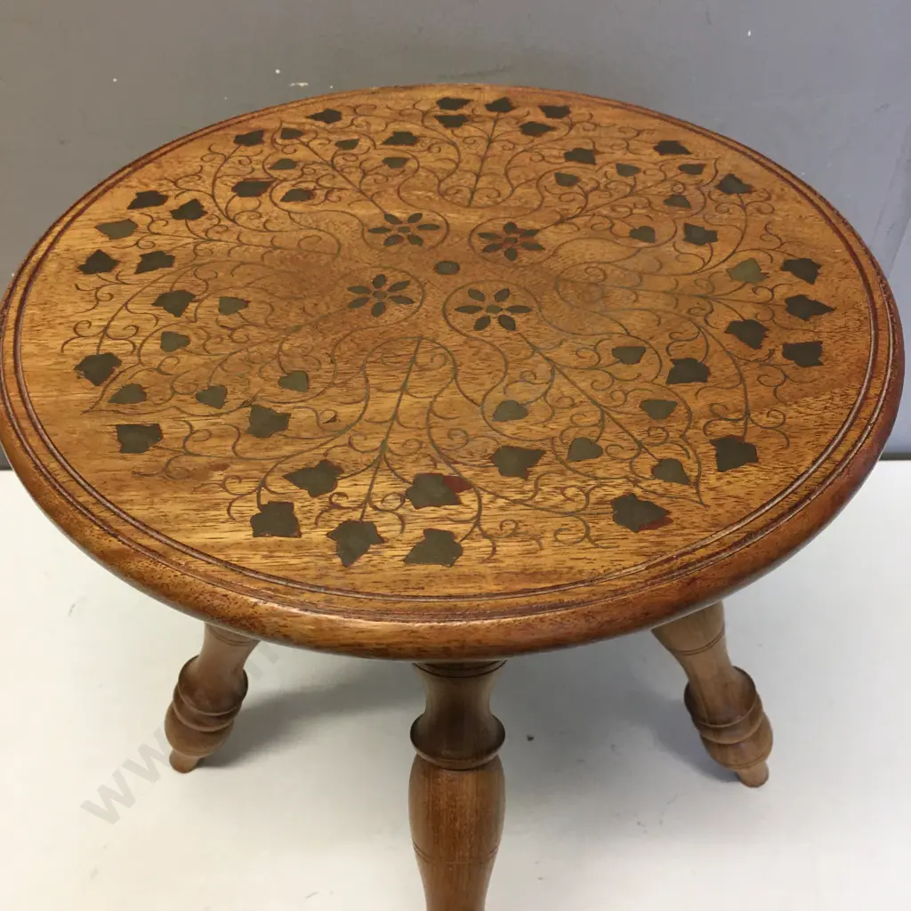 Wooden Round Brass Leaf Inlaid Four Legged Colonial Style Small Table H32,Diam30cm. Image 1++